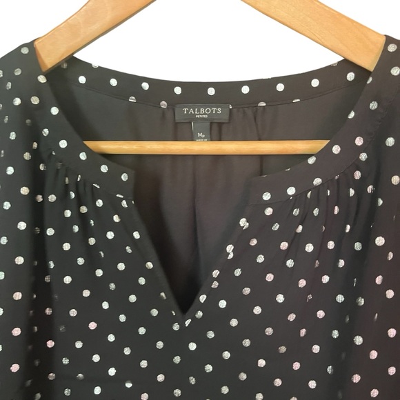 TALBOTS Black Metallic Silver Polka Dot Bell Sleeve Top Sz MP - Picture 3 of 5